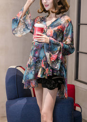 Women Blue V Neck Print Chiffon Shirt Tops Long Sleeve