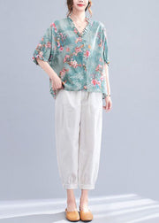 Women Blue V Neck Ruffled Print Cotton Tops And Harem Pants Two Pieces Set Summer