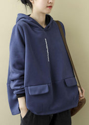 Women Blue Warm Fleece Hooded Pullover Sweatshirt Winter