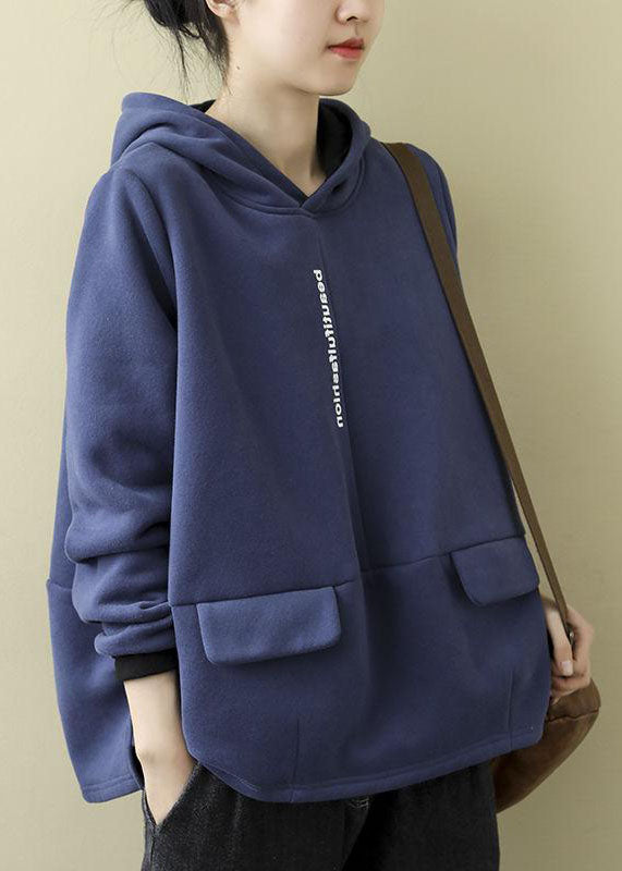 Women Blue Warm Fleece Hooded Pullover Sweatshirt Winter