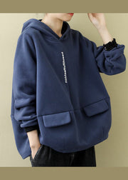 Women Blue Warm Fleece Hooded Pullover Sweatshirt Winter