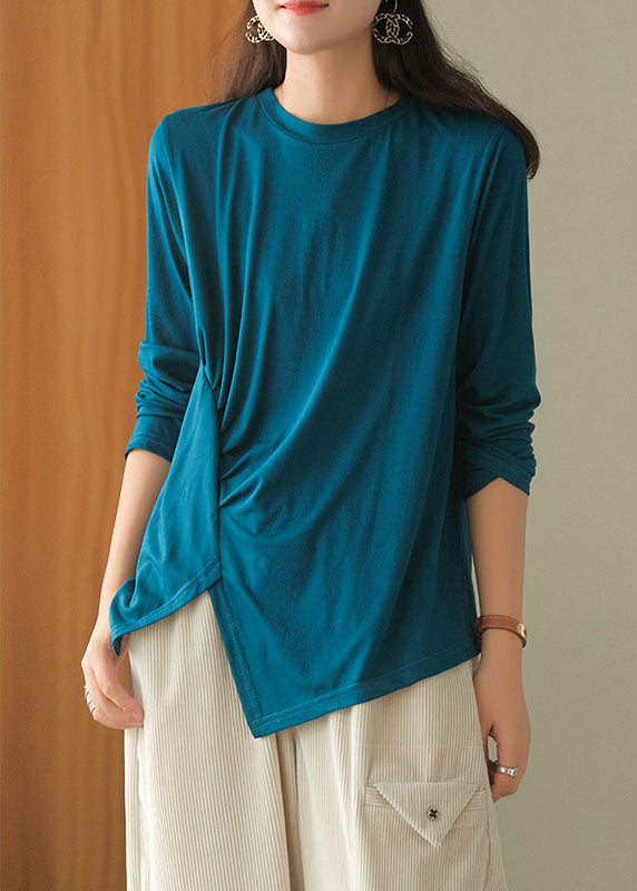 Women Blue asymmetrical design wrinkled Fall Blouses