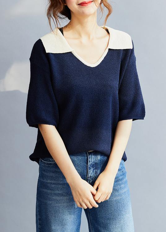 Women Blue cotton Blouse POLO Collar oversized Summer Shirt Style - SooLinen