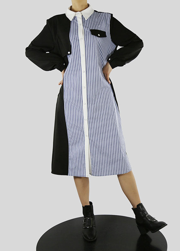 Women Blue tie waist Peter Pan Collar Striped Patchwork shirt Dresses Spring