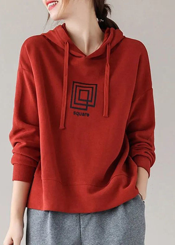 Women Brick Red Drawstring Hooded Print Cotton Sweatshirts Top Long Sleeve