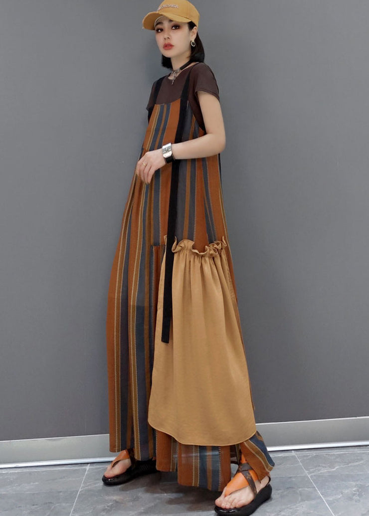 Women Brown Striped Patchwork a line skirts Short Sleeve Dresses