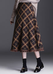 Women Brown Tasseled Plaid Knit Skirts Winter