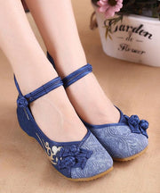 Women Buckle Strap Wedge High Wedge Heels Shoes Blue Oriental Cotton Fabric - SooLinen