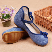 Women Buckle Strap Wedge High Wedge Heels Shoes Blue Oriental Cotton Fabric - SooLinen