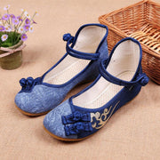 Women Buckle Strap Wedge High Wedge Heels Shoes Blue Oriental Cotton Fabric - SooLinen