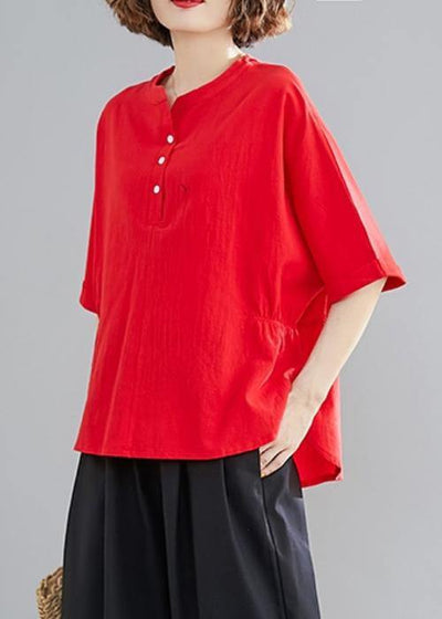 Women Button Down elastic waist linen shirts women red Art blouses - SooLinen