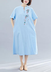 Women Chinese Button cotton Tunics Shape blue A Line Dress summer - SooLinen