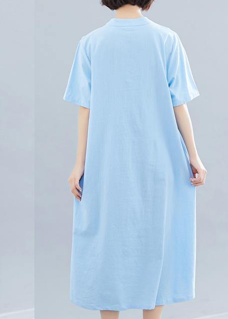 Women Chinese Button cotton Tunics Shape blue A Line Dress summer - SooLinen