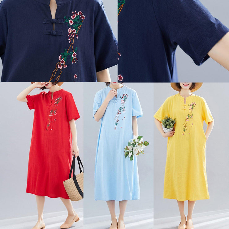 Women Chinese Button cotton Tunics Shape blue A Line Dress summer - SooLinen