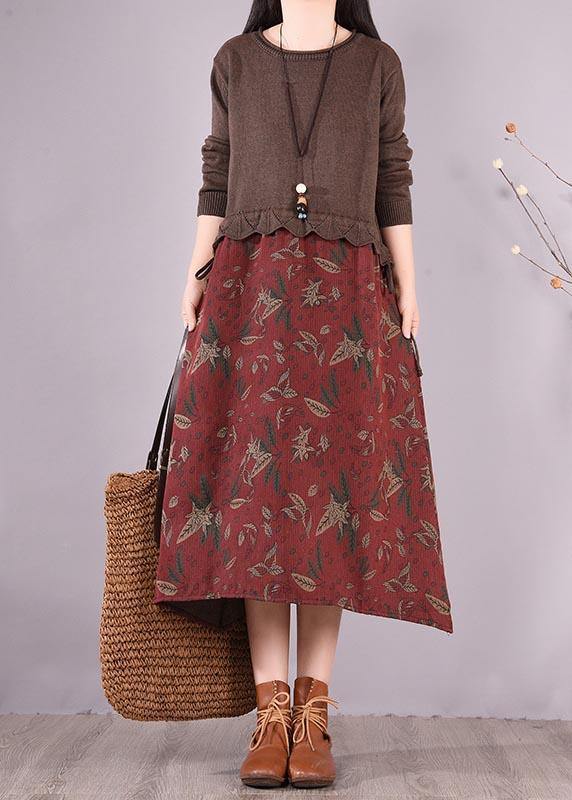 Women Chocolate Patchwork Print Clothes O Neck Loose Spring Dress - SooLinen