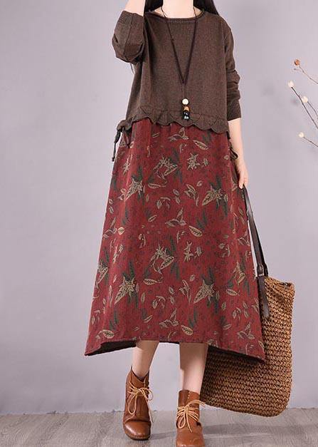 Women Chocolate Patchwork Print Clothes O Neck Loose Spring Dress - SooLinen