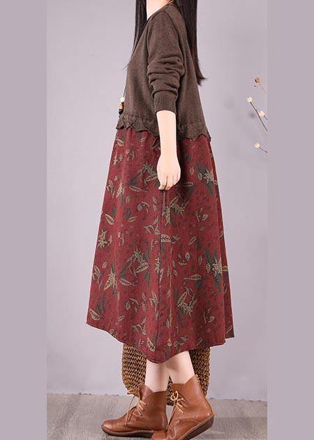 Women Chocolate Patchwork Print Clothes O Neck Loose Spring Dress - SooLinen