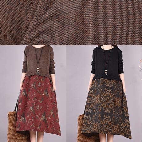 Women Chocolate Patchwork Print Clothes O Neck Loose Spring Dress - SooLinen