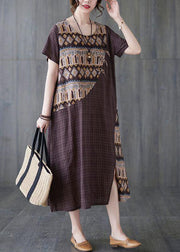 Women Chocolate Patchwork Print Oriental Party Summer Cotton Dress - SooLinen