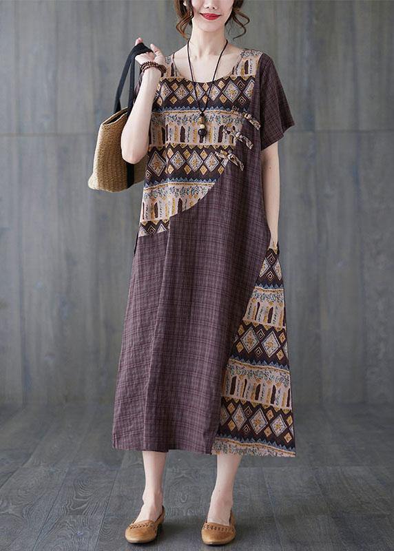 Women Chocolate Patchwork Print Oriental Party Summer Cotton Dress - SooLinen