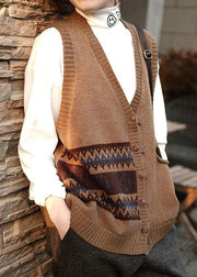 Women Chocolate V Neck Button Fall Pockets Sleeveless Waistcoat - SooLinen