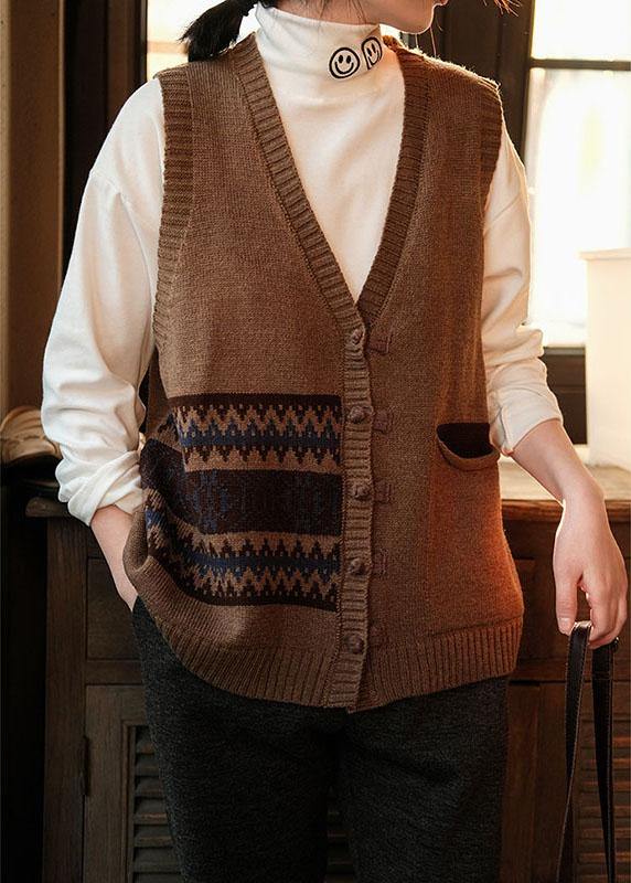 Women Chocolate V Neck Button Fall Pockets Sleeveless Waistcoat - SooLinen