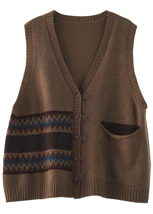 Women Chocolate V Neck Button Fall Pockets Sleeveless Waistcoat - SooLinen