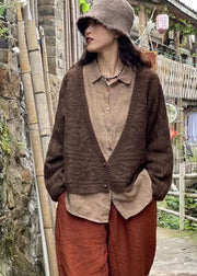 Women Chocolate retro V Neck Button Fall Wool Knit Coat