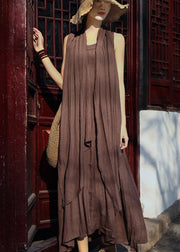 Women Chocolate Asymmetrical Linen Spaghetti Strap Dress And Shawl Two Pieces Set Summer