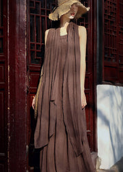 Women Chocolate Asymmetrical Linen Spaghetti Strap Dress And Shawl Two Pieces Set Summer