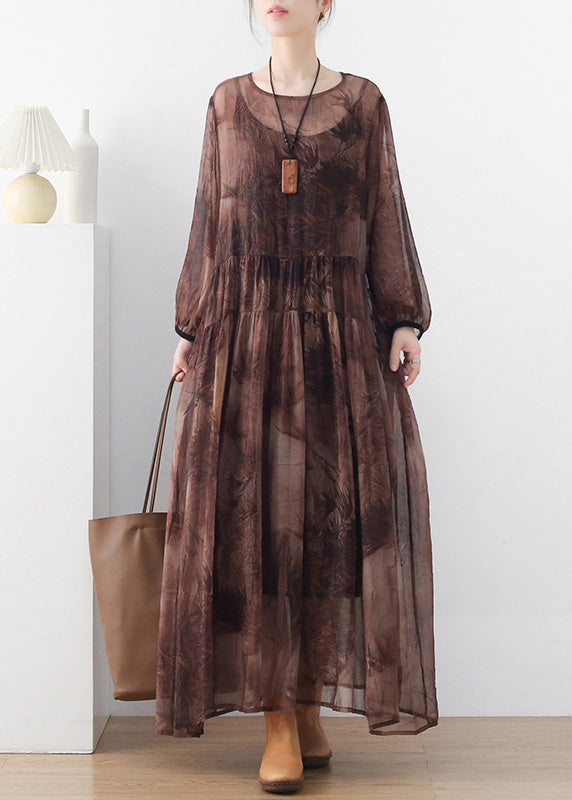 Women Chocolate O-Neck Print Chiffon Long Dress And Spaghetti Strap Dress Two Pieces Set Long Sleeve