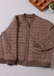 Women Chocolate Patchwork Fine Cotton Filled Jacket In Winter V Neck