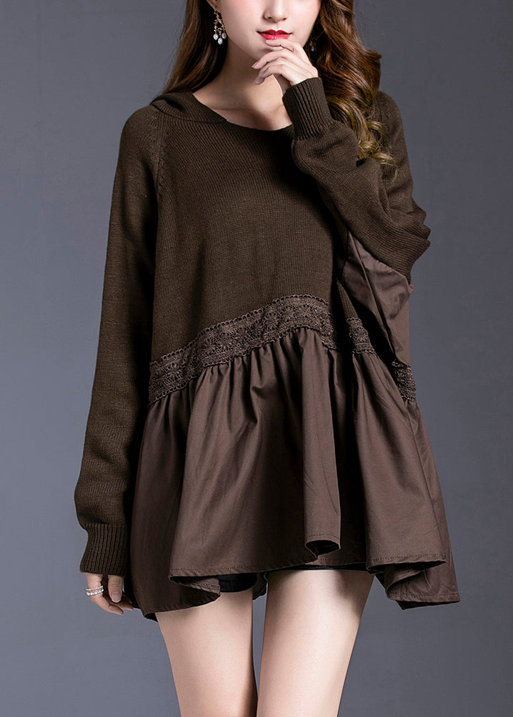 Women Chocolate Patchwork Loose Knit Pullover Spring