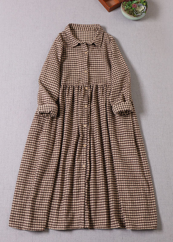 Women Chocolate Plaid Peter Pan Collar Cotton Dress Winter