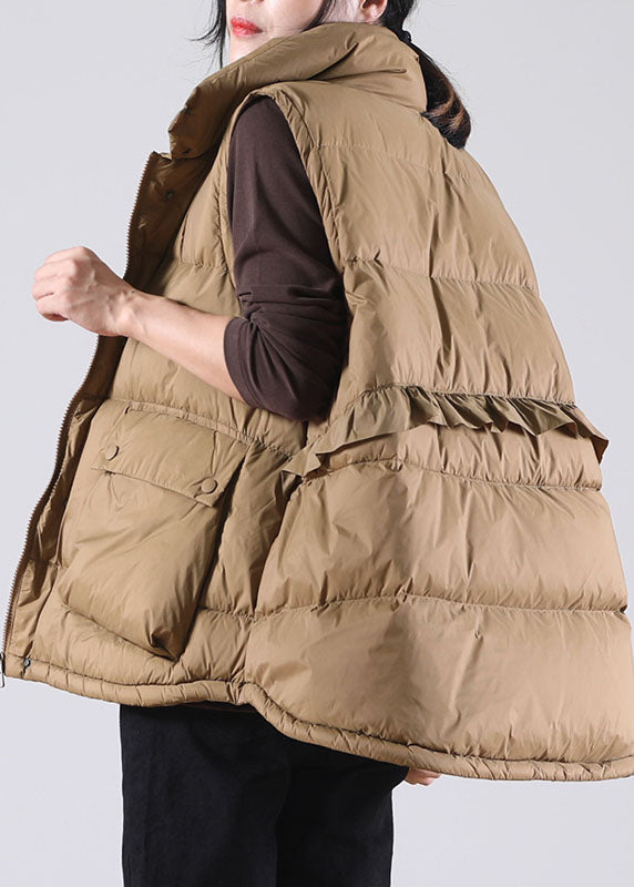 Women Chocolate Ruffled Pockets Duck Down Sleeveless down vest