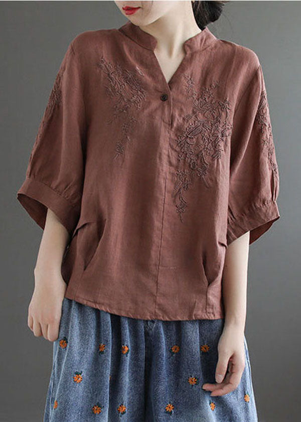 Women Chocolate V Neck Embroideried Wrinkled Linen Blouse Top Lantern Sleeve