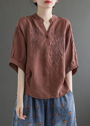 Women Chocolate V Neck Embroideried Wrinkled Linen Blouse Top Lantern Sleeve