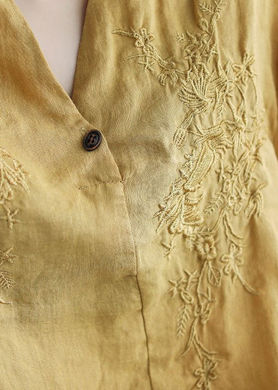 Women Chocolate V Neck Embroideried Wrinkled Linen Blouse Top Lantern Sleeve