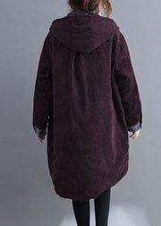 Plus Size Red hooded Button Corduroy Winter Cotton Long Coat sleeve