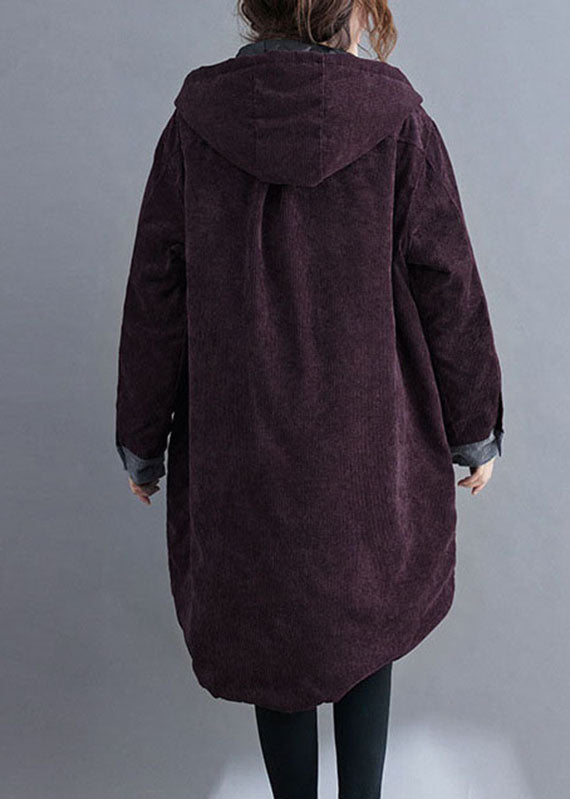 Plus Size Roter Kapuzenknopf Cord Winter Cotton Long Coat Sleeve