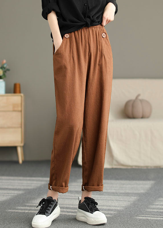 Women Corduroy Pleated Solid Elastic Waist Side Pockets Casual Pants