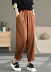 Women Corduroy Pleated Solid Elastic Waist Side Pockets Casual Pants