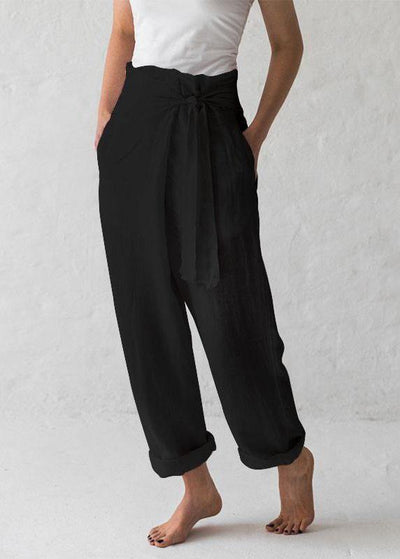 Women Cotton Belted High Waist Casual Wide Leg Harem Pants - SooLinen