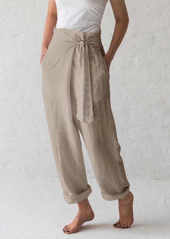 Women Cotton Belted High Waist Casual Wide Leg Harem Pants - SooLinen