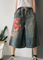 Women Dark Blue Drawstring Embroideried Pockets Cotton Wide Leg Pants Trousers Summer