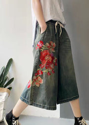 Women Dark Blue Drawstring Embroideried Pockets Cotton Wide Leg Pants Trousers Summer