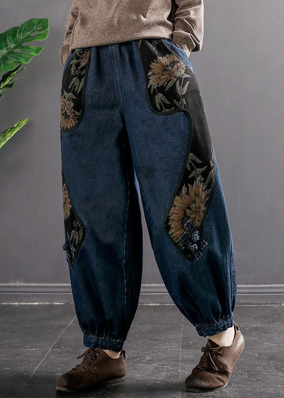 Women Denim Blue Elastic Waist Embroideried Pockets Cotton Harem Pants Spring