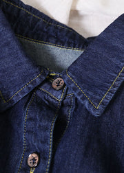 Women Denim Blue Peter Pan Collar Wrinkled Pockets Cotton Robe Dresses Short Sleeve