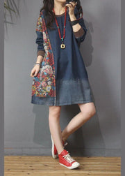 Women Denim Patchwork Cotton Dress Print Summer Long Dress - SooLinen