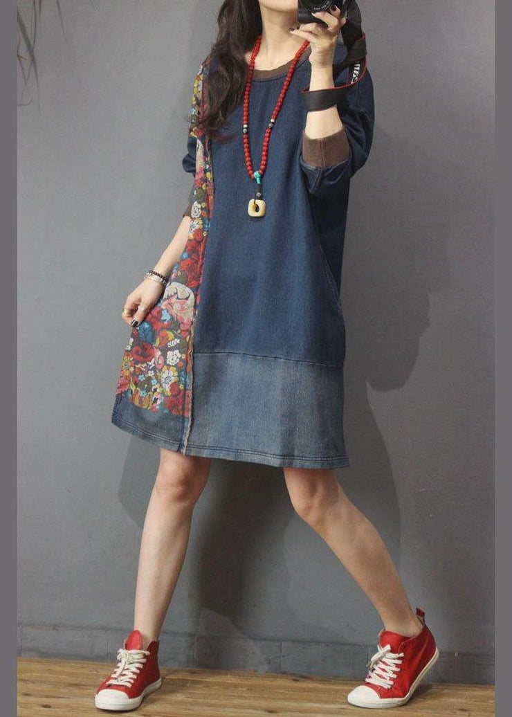 Women Denim Patchwork Cotton Dress Print Summer Long Dress - SooLinen